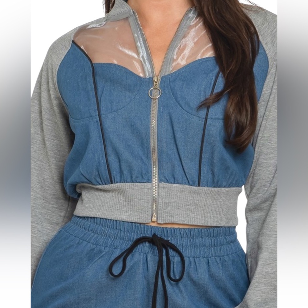 Julia by Love J Athlesure/Dress, Denim/Mesh Contrast Wide Leg Pant & Jacket SET - Picture 3 of 3